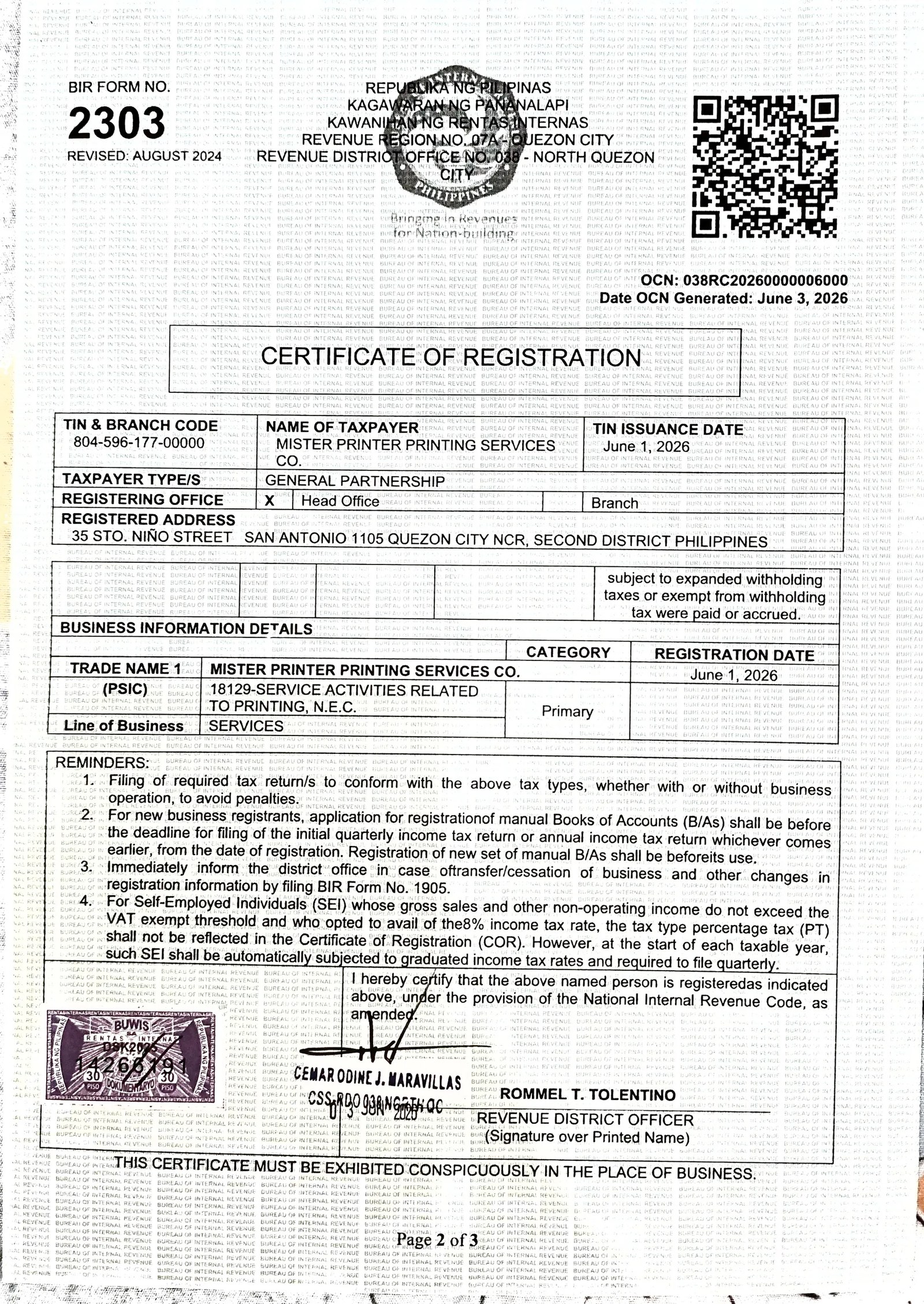 BIR Certificate of Registration - Page 1