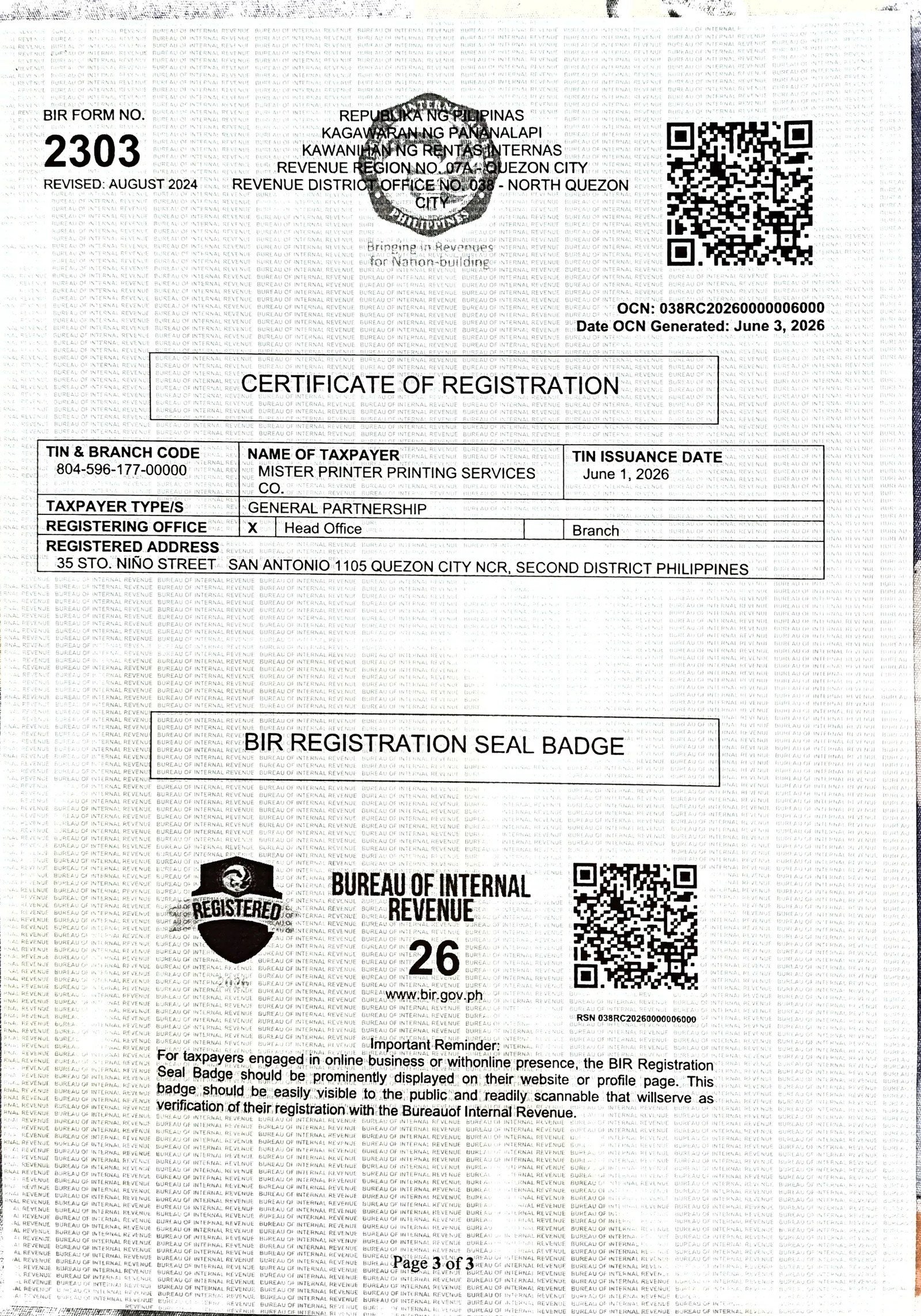 BIR Certificate of Registration - Page 3