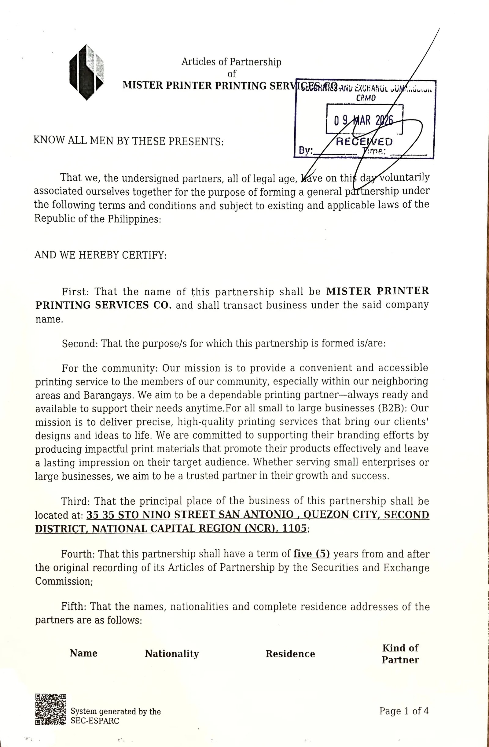 SEC Articles of Partnership