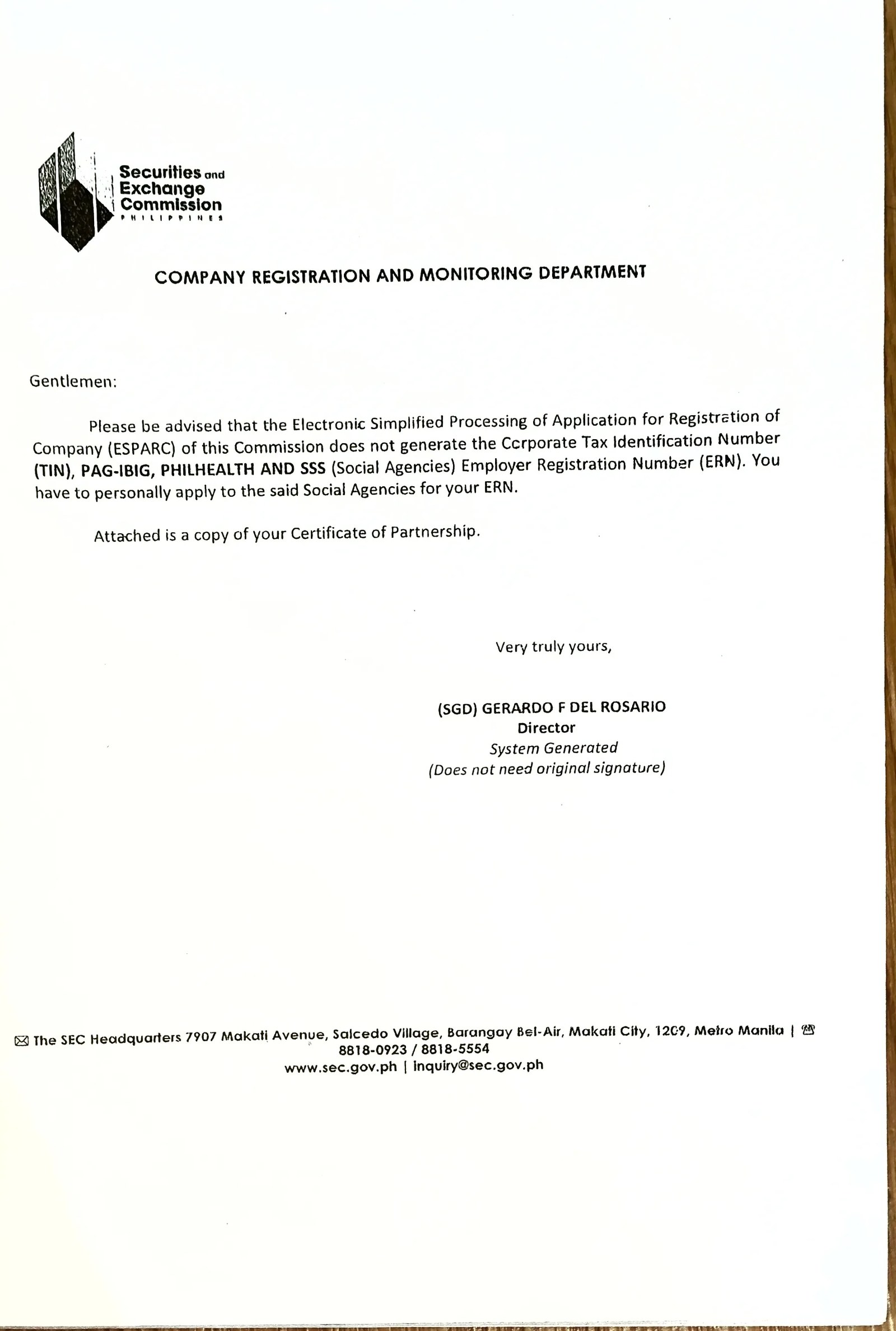 SEC Certificate - Page 1